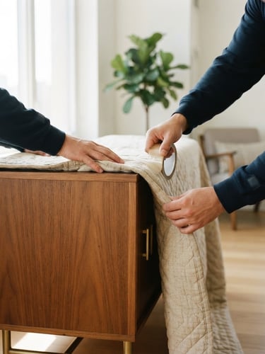 Medium close-up of hands in clean uniform securing protective wrap around a mid-century modern credenza, bright natural daylight, sharp focus, 35mm