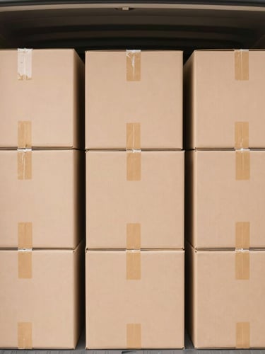 Neatly stacked uniform moving boxes inside a clean, organized truck interior, soft warm tones, bright natural daylight