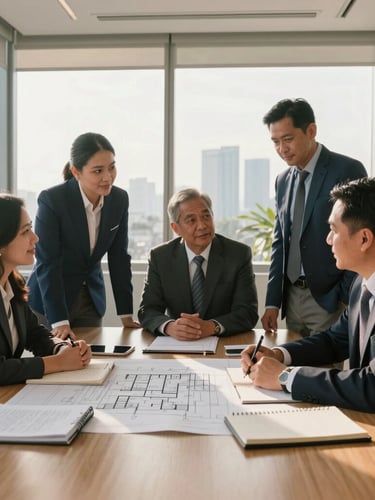 Wide environmental portrait of Filipino business leaders collaborating in a sunlit Manila office, warm morning light, architectural blueprints and notebooks on the table, professional and authentic.