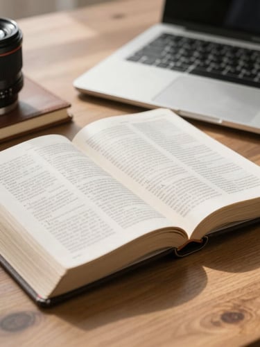Close-up of an open Bible resting next to a leather notebook and a modern laptop on a wooden desk, warm natural morning light
