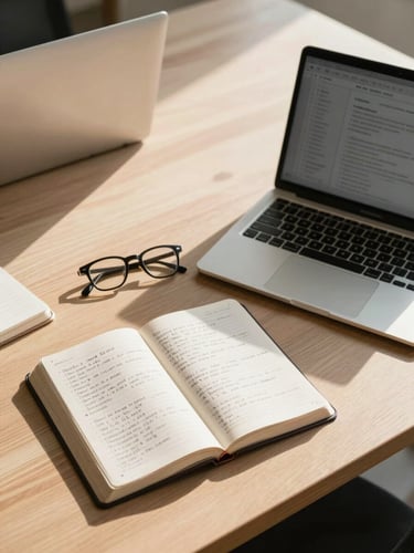 Overhead flat-lay of a modern Filipino collaborative workspace, an open Bible with handwritten notes next to a laptop, warm morning sunlight, professional and focused atmosphere.