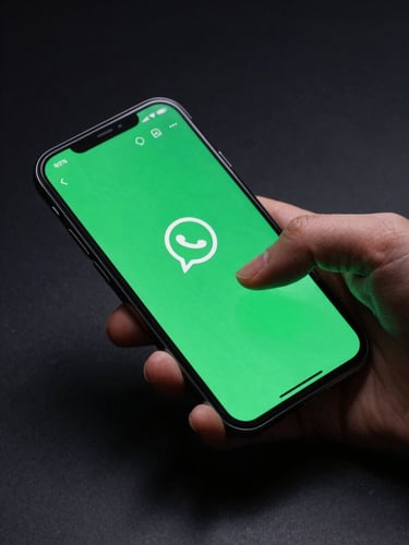 Studio strobe close-up of a hand holding an Android smartphone mid-interaction, screen showing a chat interface with a green WhatsApp-style background, hard shadows on a pure black surface, no face visible, sharp edge definition, product-hero framing with device filling 60% of frame