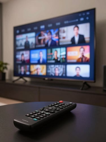 Close-up product shot from a low angle: a large Smart TV screen mounted on a living room wall displaying a crisp channel grid interface, a TV remote resting in the foreground on a dark surface, hard studio strobe lighting casting sharp edge shadows, no faces visible, pure black and neutral tones, edge-to-edge frame fill