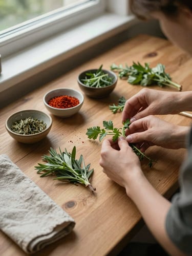 Close overhead view of a wooden prep table under soft north-facing window light, hands arranging fresh herbs and small ceramic bowls of spices, a worn linen cloth folded at the left edge, calm kitchen preparation moment