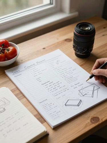 Close-up overhead view of a wooden work table under north-facing window light: a content planning board with hand-written post notes, a small bowl of heirloom tomatoes beside a camera lens, and a half-open notebook with sketched flat-lay compositions — soft daylight raking across the surface, no people visible, calm and focused atmosphere
