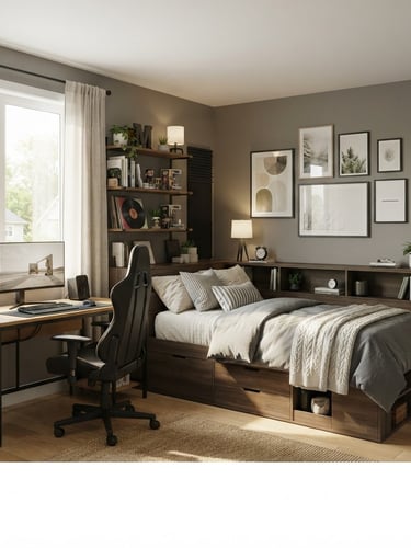 Medium-wide environmental shot of a clean, organized teen bedroom with ModuTeen storage bed and gaming desk, bright natural afternoon window light, muted neutral tones, sharp focus, 35mm