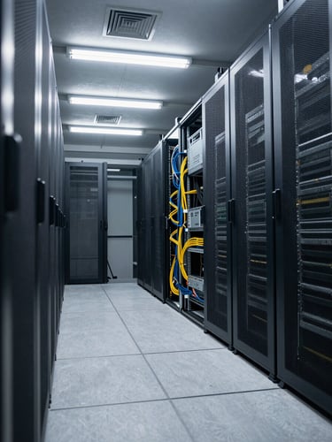 Wide environmental shot of an active server room corridor, overhead fluorescent and task lighting, dense cable runs and rack equipment visible in the mid-ground, shot from a low angled perspective down the aisle, no people, diffuse clean lighting