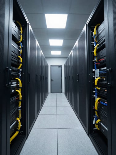 Wide angled view of an active server room corridor, overhead fluorescent diffuse lighting casting even illumination on rack-mounted equipment, cables organized into labeled bundles, no people visible, shot from low angle looking down the aisle toward a distant access door