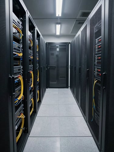 Wide-angle view of an active server room corridor, overhead fluorescent lighting casting clean diffuse light on rack-mounted equipment, cables organized in labeled bundles, no people visible, shot from mid-corridor looking toward a reinforced door at the far end