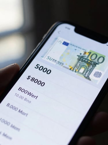 Extreme close-up of a phone screen showing a crypto asset balance alongside a EUR balance, cool blue light spilling across the device edge, high contrast, early morning window light from the left, dark background, no readable text, geometric UI grid lines visible