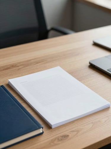 Calm organized workspace with a clean document on a wooden desk, soft natural office light, muted navy and warm sand tones, shallow depth of field, 35mm