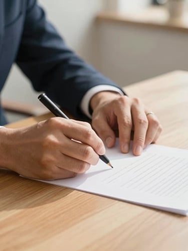 Close-up of calm hands signing a clean document on a solid oak desk, warm natural morning light, shallow depth of field, 35mm
