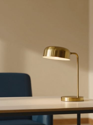 A serene modern office interior with warm sand-colored walls, soft shadows, a clean desk with a single brass lamp, editorial corporate photography, 35mm