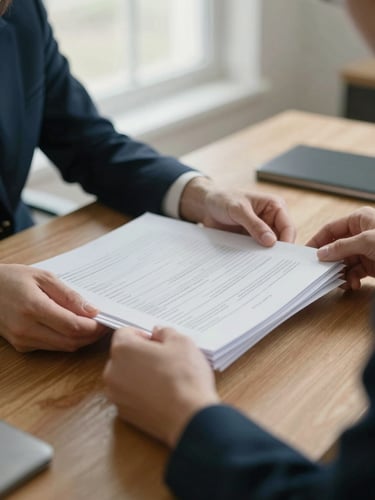Close-up of hands organizing clean financial documents on a warm oak table, soft morning window light, editorial corporate style, 35mm
