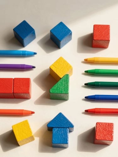 Overhead flatlay of vibrant wooden building blocks and colorful sketch pens arranged neatly on a soft cream background, natural morning daylight.