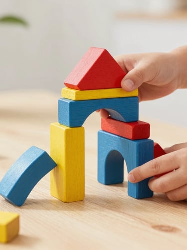 A child's hands carefully stacking vibrant wooden geometric arches on a light wood table, soft natural daylight, shallow depth of field