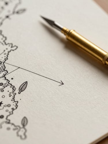 Extreme close-up of fine cartographic ink lines on textured heavy paper, elegant brass drafting tools resting beside, soft natural studio light emphasizing paper texture