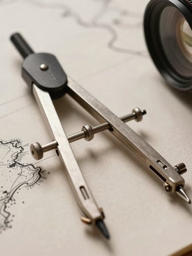 Extreme close-up of fine cartographic ink lines on textured heavy-weight paper, drafting compass resting on a hand-drawn shoreline, warm natural studio light.