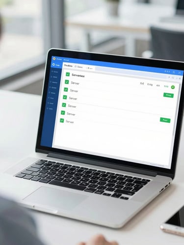 Over-the-shoulder shot of a clean modern workspace, a laptop screen showing a simple server status dashboard with green checkmarks, bright natural daylight, crisp blue and white tones.