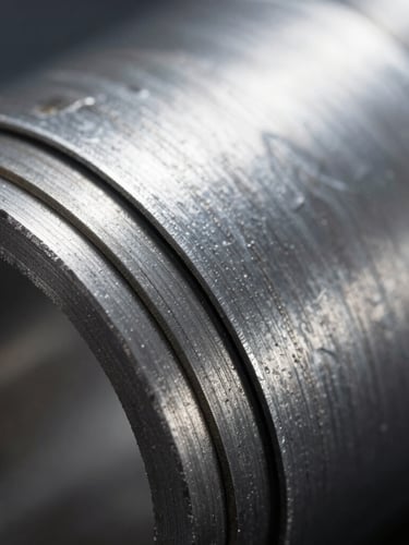 Macro close-up of a multi-layer steel gasket edge showing individual laminated sheets, high-contrast industrial lighting, metallic textures