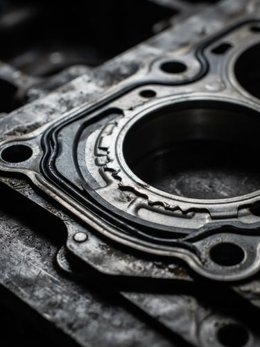Macro close-up of a heavy-duty multi-layer steel bus engine gasket, high-contrast industrial lighting, dramatic side-shadows on metallic texture, 50mm