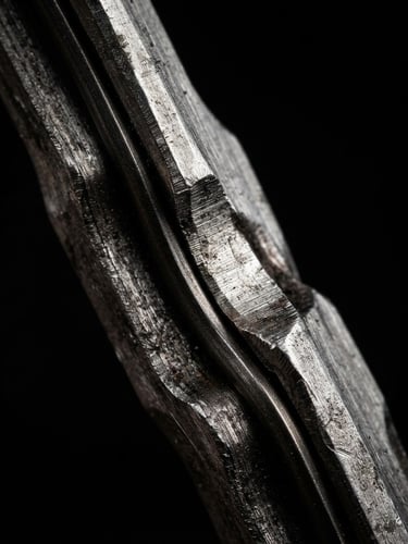 Industrial macro photography, high-contrast side-lighting on multi-layer steel truck head gasket edge, metallic textures, dark background