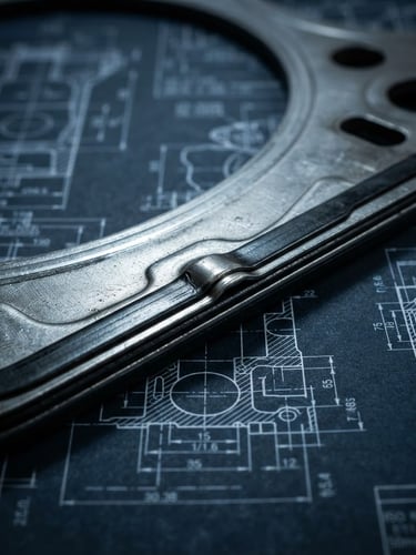 Industrial macro photography of a multi-layer steel truck head gasket edge laid flat on a technical blueprint schematic, high-contrast dramatic side-lighting, cool metallic tones, sharp focus on steel texture, 50mm
