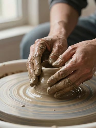 Close-up of potter hands shaping wet terracotta clay on a spinning wheel, water splashing, warm side lighting, macro depth of field