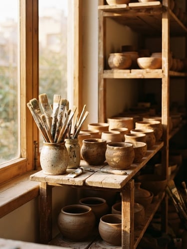 Warm sunlit art studio in Mehrshahr, clay pots drying on wooden shelves, paintbrushes in ceramic jars, natural afternoon window light, 35mm photography