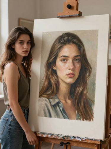 A finished large-scale hyperreal portrait drawing of a young woman leaning against an easel in a sunlit art studio, professional framing