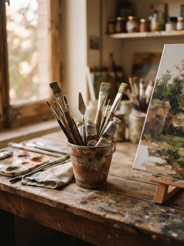 Warm editorial photography of a sunlit art studio in Mehrshahr, natural afternoon window light casting soft shadows, terracotta pots, paintbrushes, and unfinished canvases on a rustic wooden table, macro depth of field, 35mm