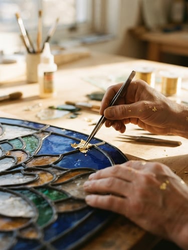 Close-up of hands applying delicate gold leaf to a deep blue vitray glass pattern, warm afternoon sunlight casting long shadows, 35mm