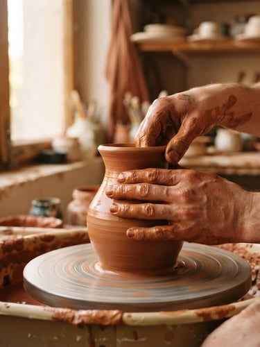 Warm editorial photography, close-up of hands covered in wet terracotta clay shaping a vase on a pottery wheel, soft afternoon window light casting long shadows, 35mm depth of field