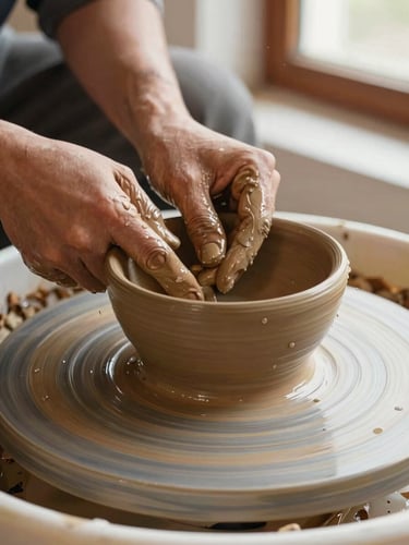 Close-up of artisan hands shaping a wet terracotta clay bowl on a spinning pottery wheel, water droplets flying, warm side lighting, high-resolution texture