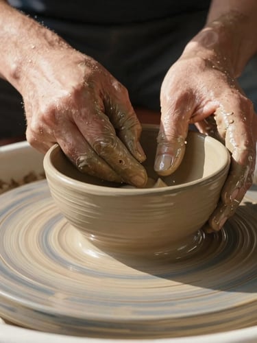 Close-up of potter's hands covered in wet clay shaping a delicate bowl on a spinning wheel, warm afternoon sunlight, water droplets glistening, highly detailed, 35mm