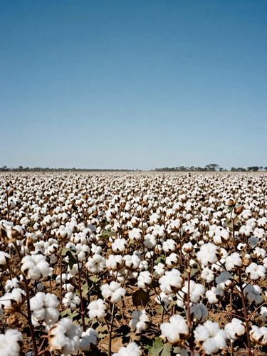 Wide environmental shot of a sun-drenched Australian cotton field under a clear blue sky, fluffy white cotton bolls ready for harvest, bright natural daylight.