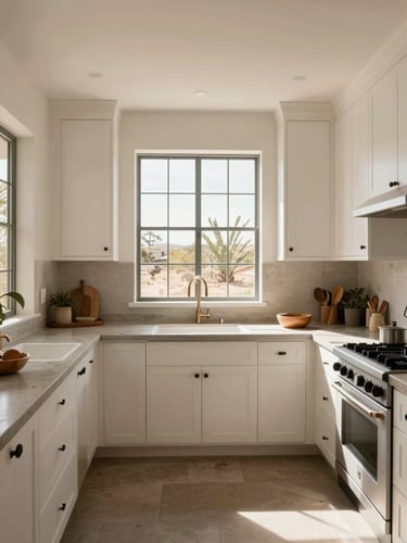Straight-on architectural view of a sun-drenched Arizona kitchen, clean white oak cabinetry, concrete countertops, warm natural light pouring from a high window