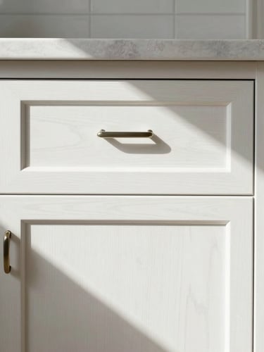 Straight-on architectural detail of custom white oak millwork in a sun-drenched Chandler kitchen, clean lines, natural daylight