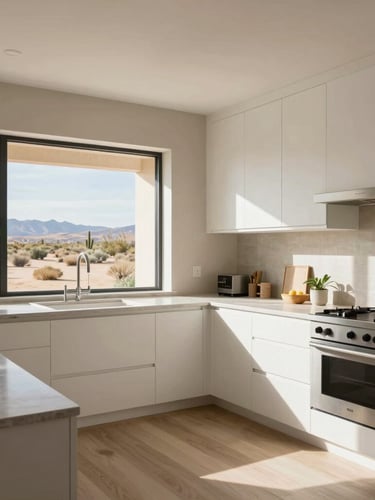 A bright, sun-drenched modern kitchen with clean white oak cabinetry, neutral plaster walls, and large windows looking out to desert landscaping, architectural elevation framing.
