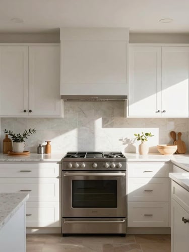 Straight-on architectural view of a sun-drenched Arizona kitchen, clean white oak cabinets, minimalist quartz countertops, natural morning light.