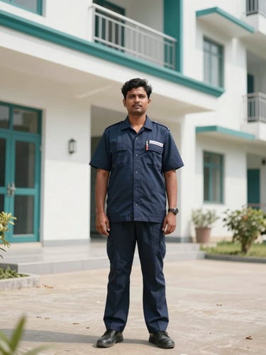 A professional pest technician in a clean uniform standing outside a modern residential building in Andhra Pradesh, bright daylight, 35mm