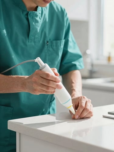 Close-up of a professional technician in a clean teal uniform using a precise gel applicator on a clean kitchen counter, bright natural daylight, sharp focus, 35mm