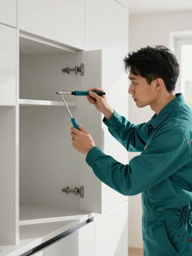 A professional technician in a clean teal uniform inspecting a modern residential kitchen cabinet with a precise tool, bright natural daylight, clean interior, 35mm