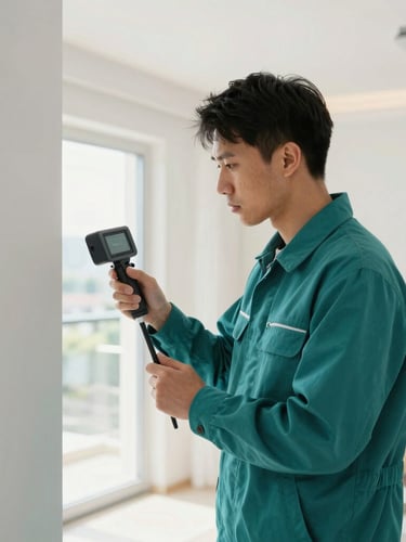 A professional technician in a clean teal uniform inspecting a bright modern home interior with a digital scanner, natural daylight, 35mm photography