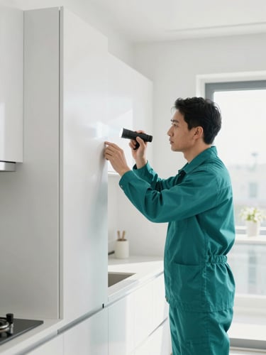 A professional technician in a clean teal uniform inspecting a modern bright kitchen cabinet with a flashlight, daylight, sharp focus