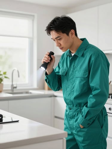 Professional editorial photography of a pest control technician in a clean teal uniform inspecting a bright modern kitchen with a flashlight, bright natural daylight, clean modern interior, sharp focus, 35mm