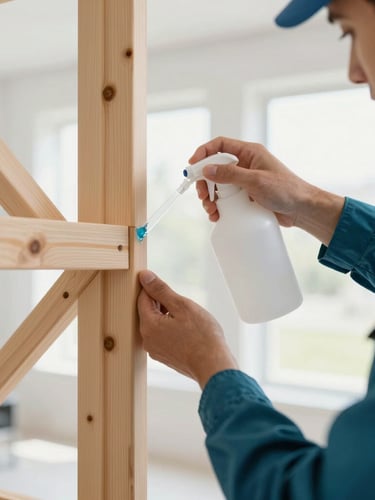 Close up of a certified pest control technician applying a targeted gel treatment to a clean wooden structural frame, sharp focus, professional editorial photography