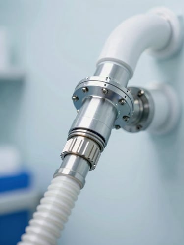 Close-up of a high-power vacuum hose connected to a main duct trunk line in a clean utility room, crisp focus, technical lighting