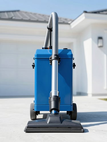 A vertical portrait shot of a powerful truck-mounted vacuum unit with thick heavy-duty hoses entering a clean modern home, bright high-key daylight, sterile blue and white tones