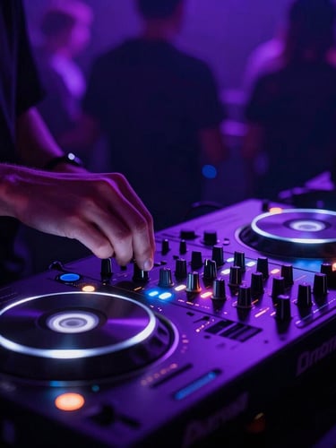 Close-up of a professional DJ controller deck with glowing purple and blue LED indicators, hands adjusting a knob, atmospheric low-light event setting.